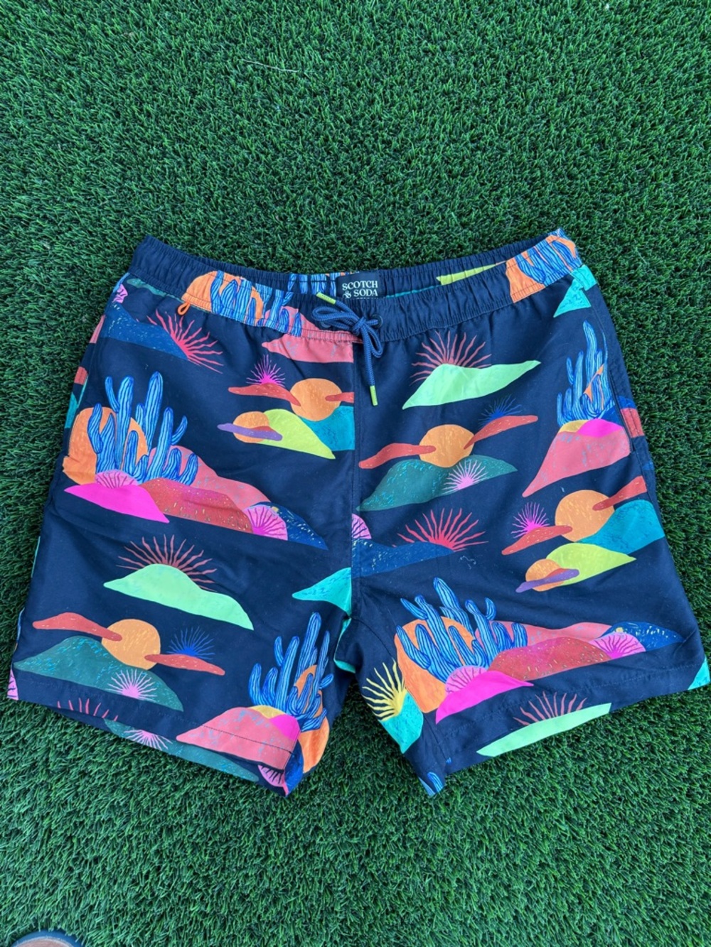 Scotch & Soda Navy Swim Trunks with Neon Multicolor Print